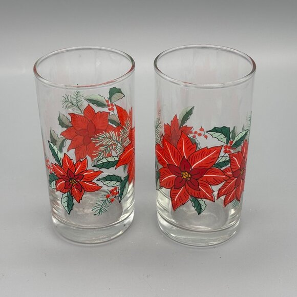 Vintage Poinsettia Christmas Drinking Glasses – Set of 2 Holiday Tumblers - Picture 2 of 6